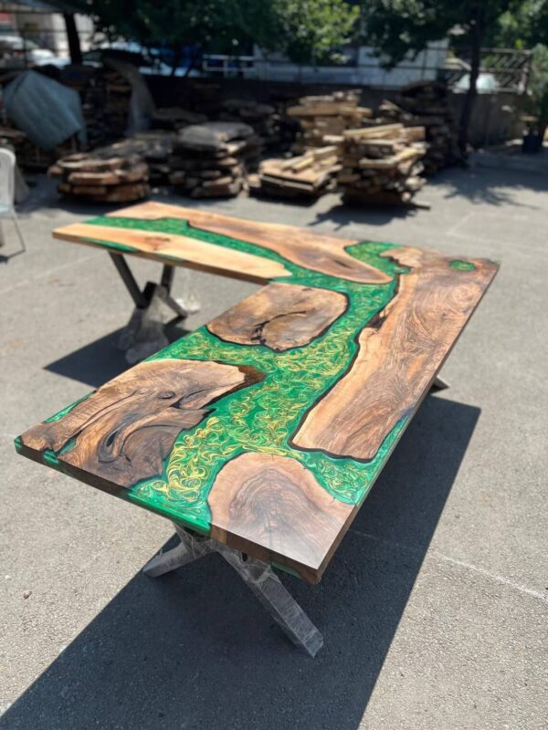 Epoxy River L – Shaped Walnut Wood Table